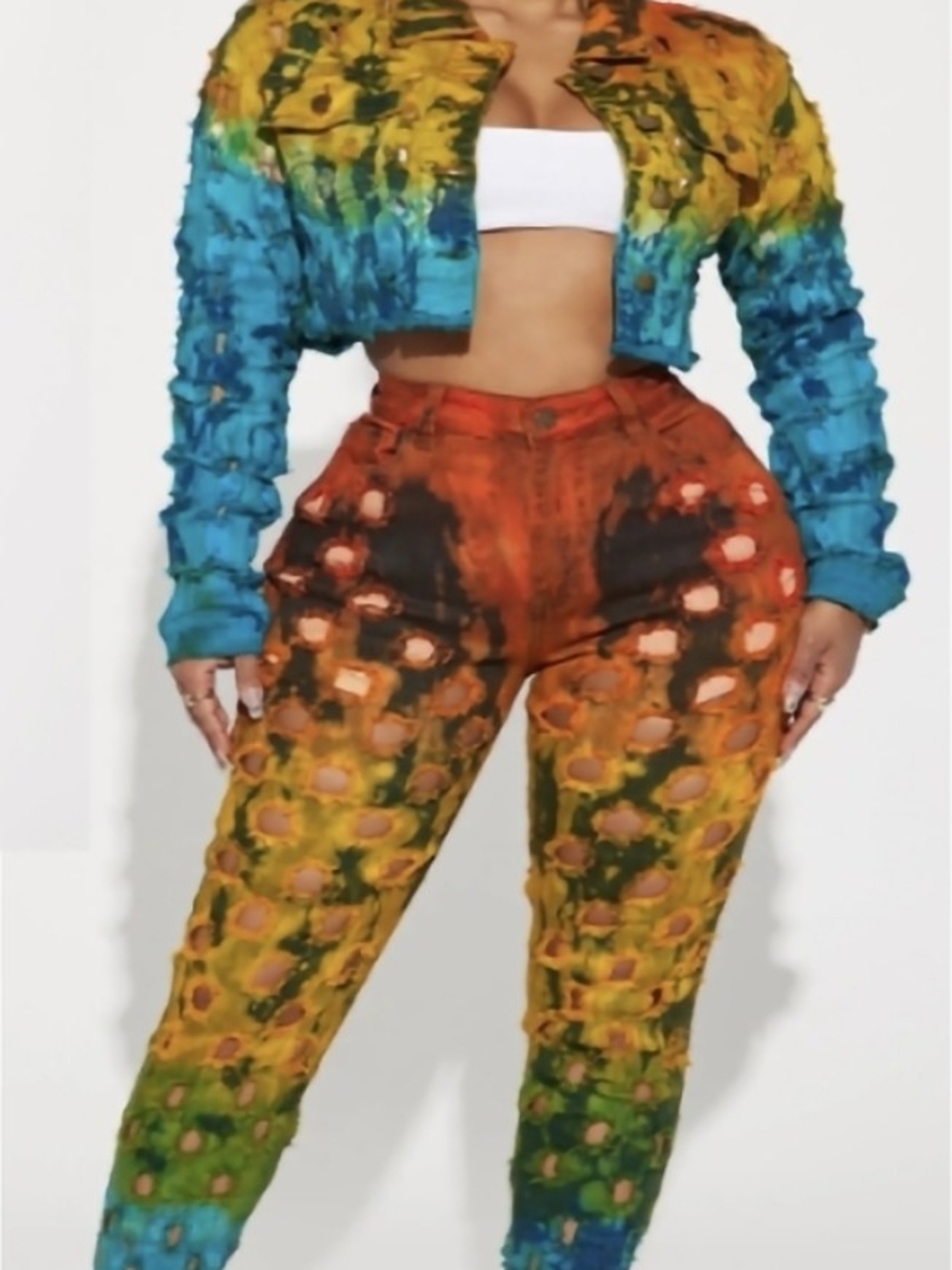 Multicolor Distressed Gradient Jeans & Jacket Set